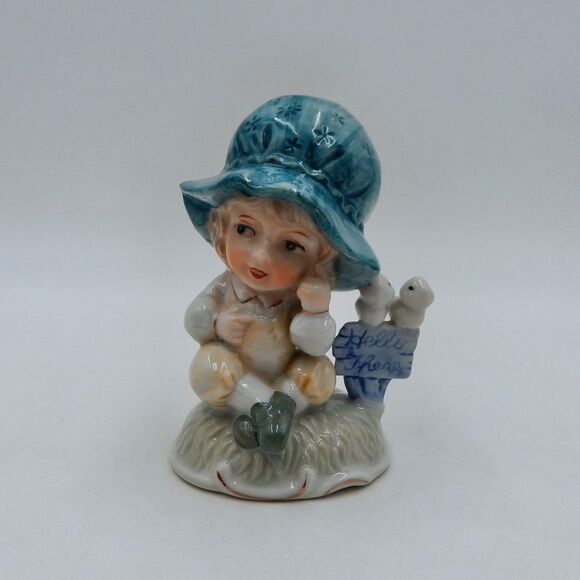 Price Products Child Boy Sitting with Birds on Hello There Sign Blue Bonnet 5 In - Picture 1 of 9